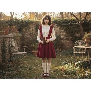 Wine‎ Red Fit & Flare Pinafore Mini Skirt Kawaii Ruffle Straps Sz L Overall